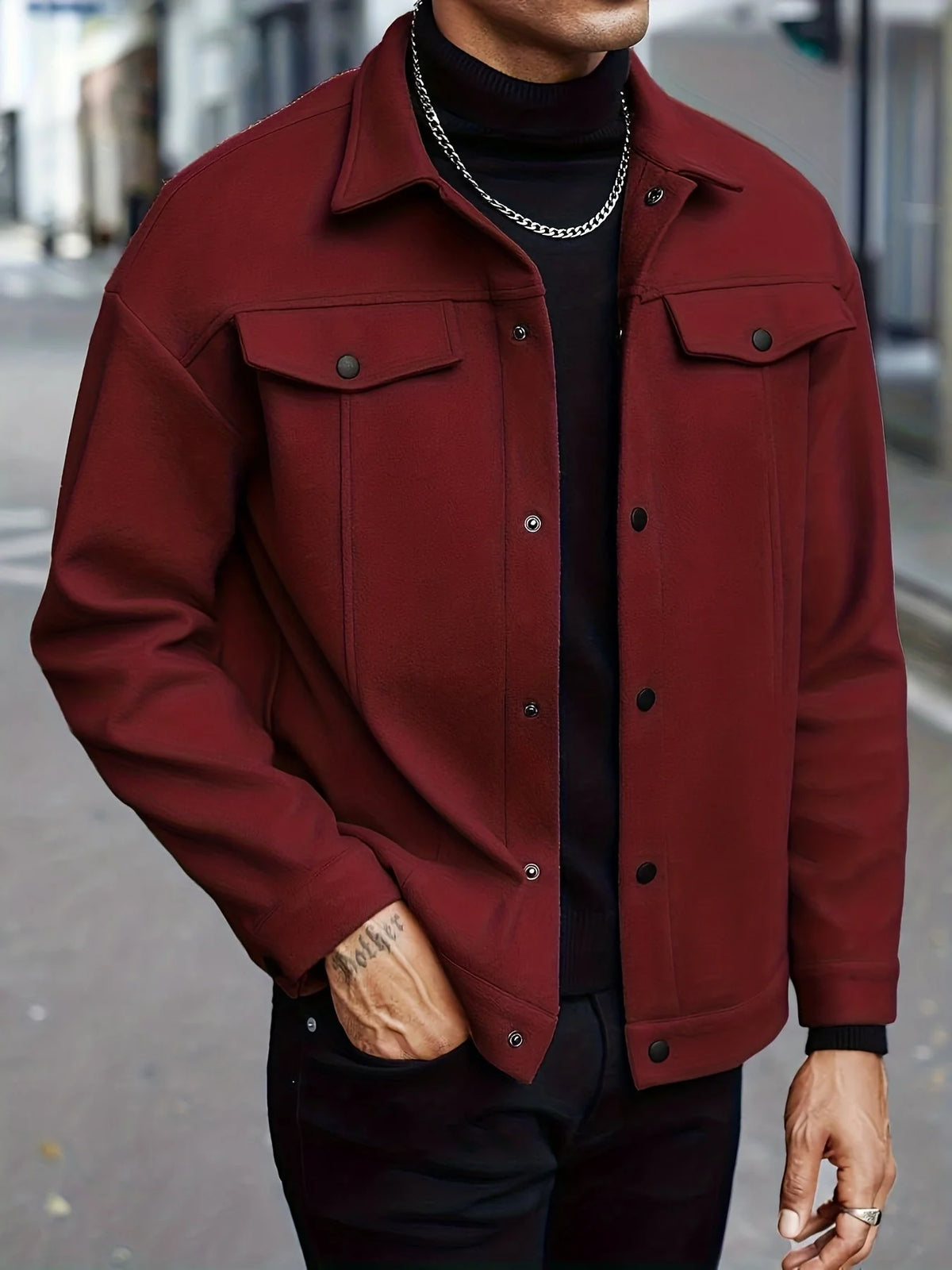 Men's Relaxed Fit Snap Button Shirt Jacket 3