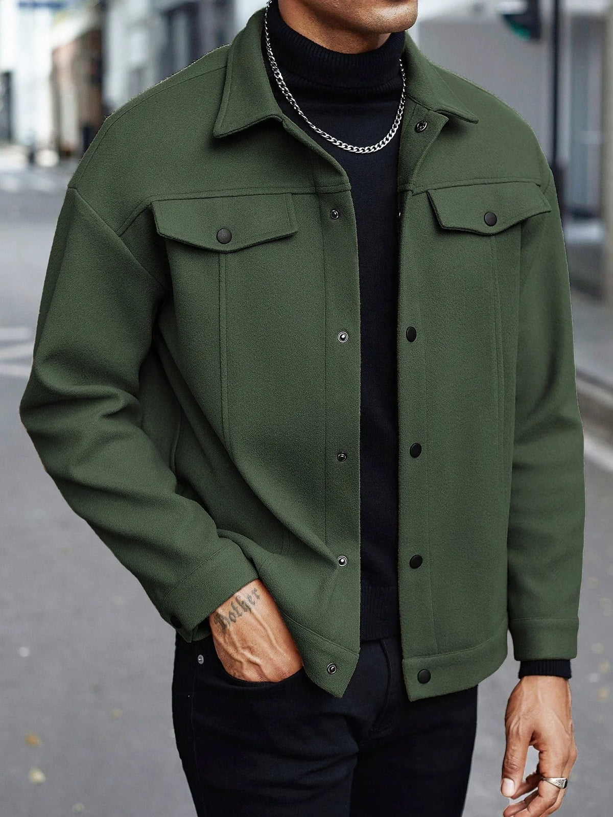 Men's Relaxed Fit Snap Button Shirt Jacket 4